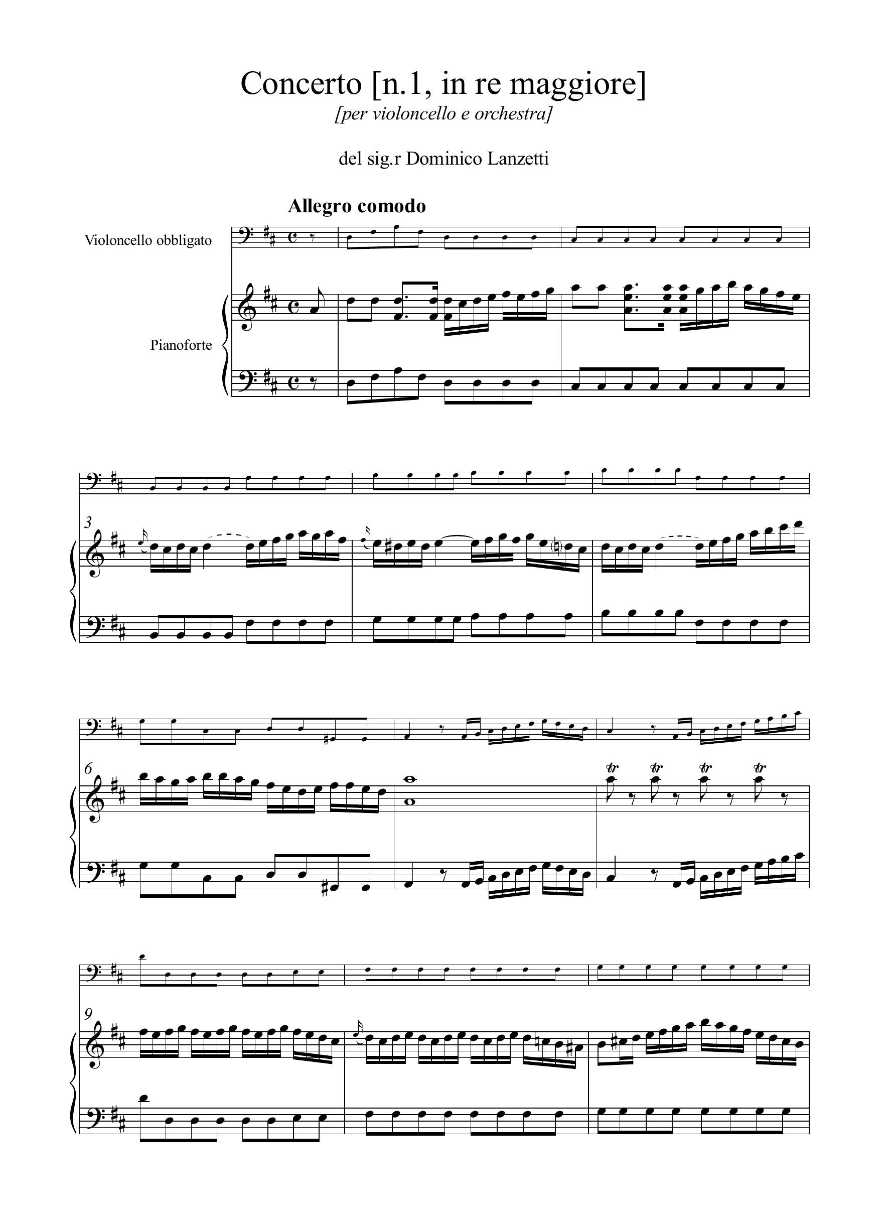 D. Lanzetti: Concerto [n.1] in re maggiore (rid. vcl/pf)