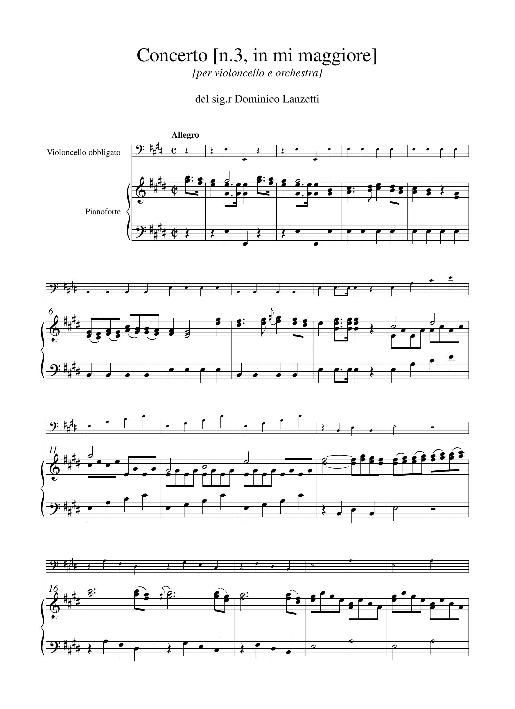 D. Lanzetti: Concerto [n.3] in mi maggiore (rid. vcl/pf)