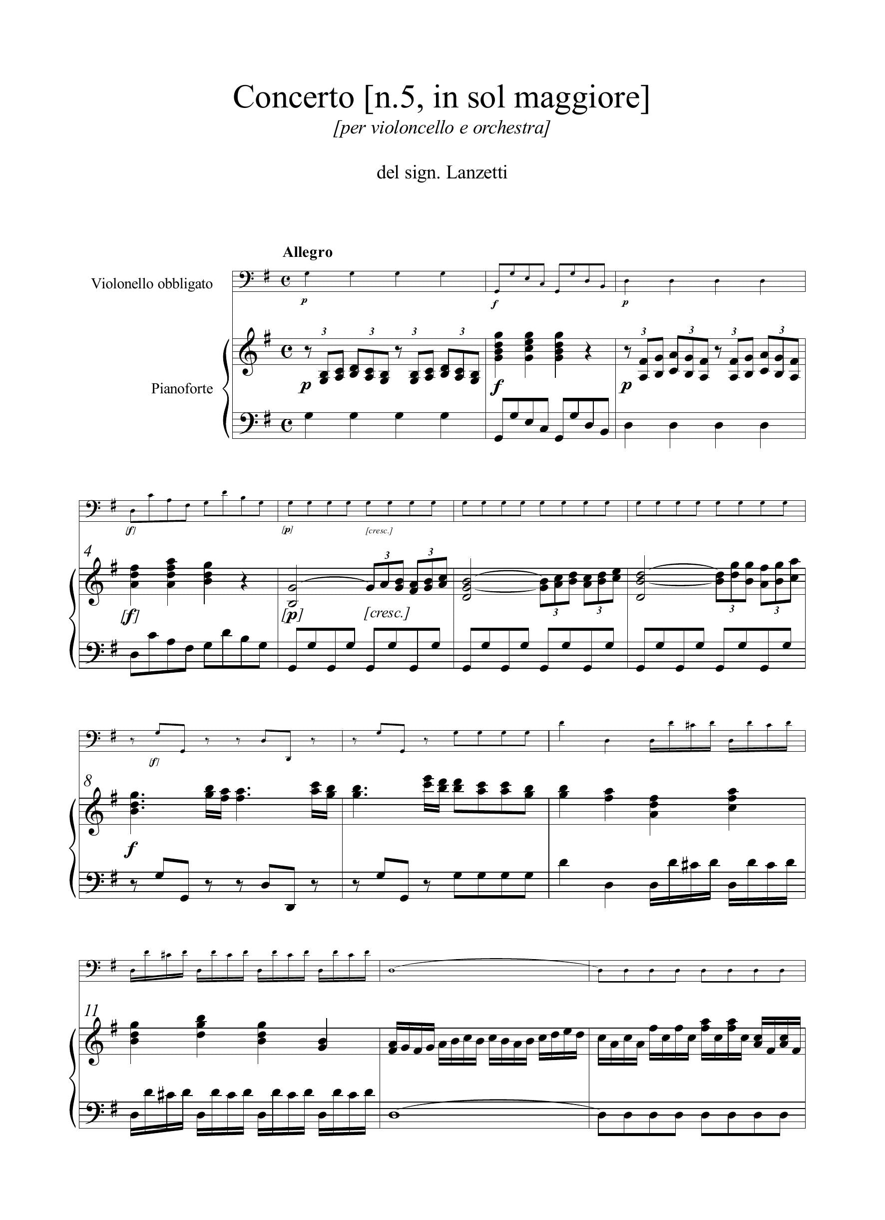 D. Lanzetti: Concerto [n.5] in sol maggiore (rid. vcl/pf)